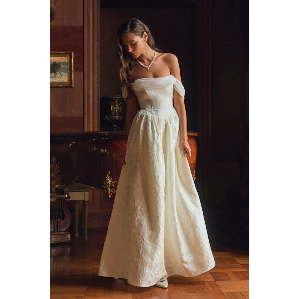 Lulus Everglow Ivory Jacquard Off-the-shoulder Basque Waist Maxi Dress White